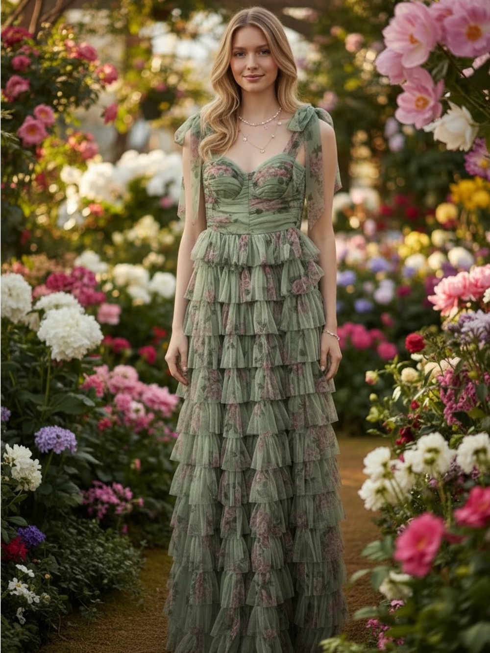 B. Smart Sage Green Floral Tiered Tulle Maxi Dress